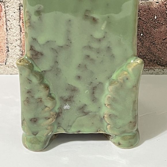 VINTAGE Ceramic Footed Bud Vase Pencil Holder Wabi Sabi Green Glossy Glaze - Picture 7 of 11